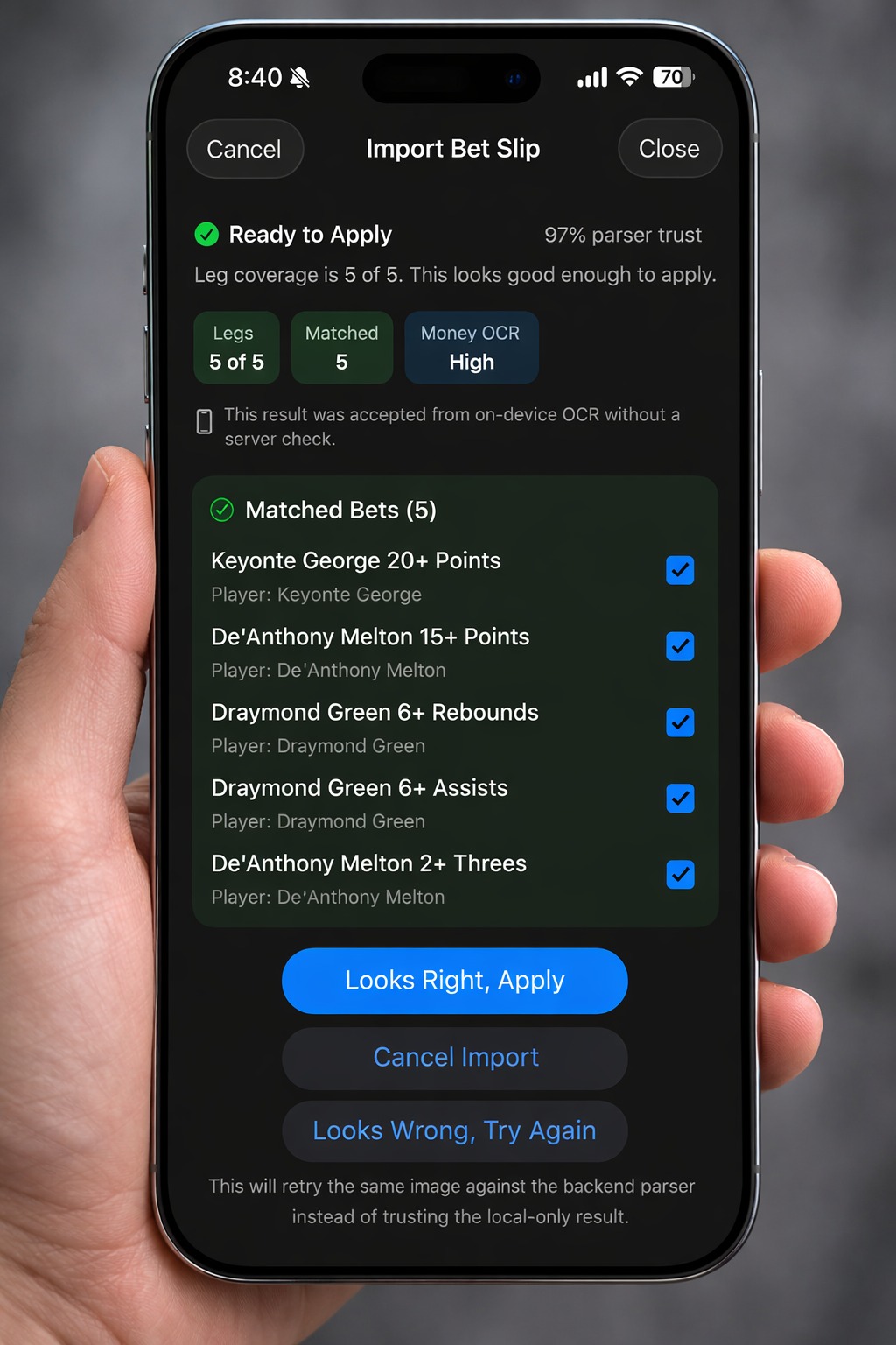 Imported bet slip review screen