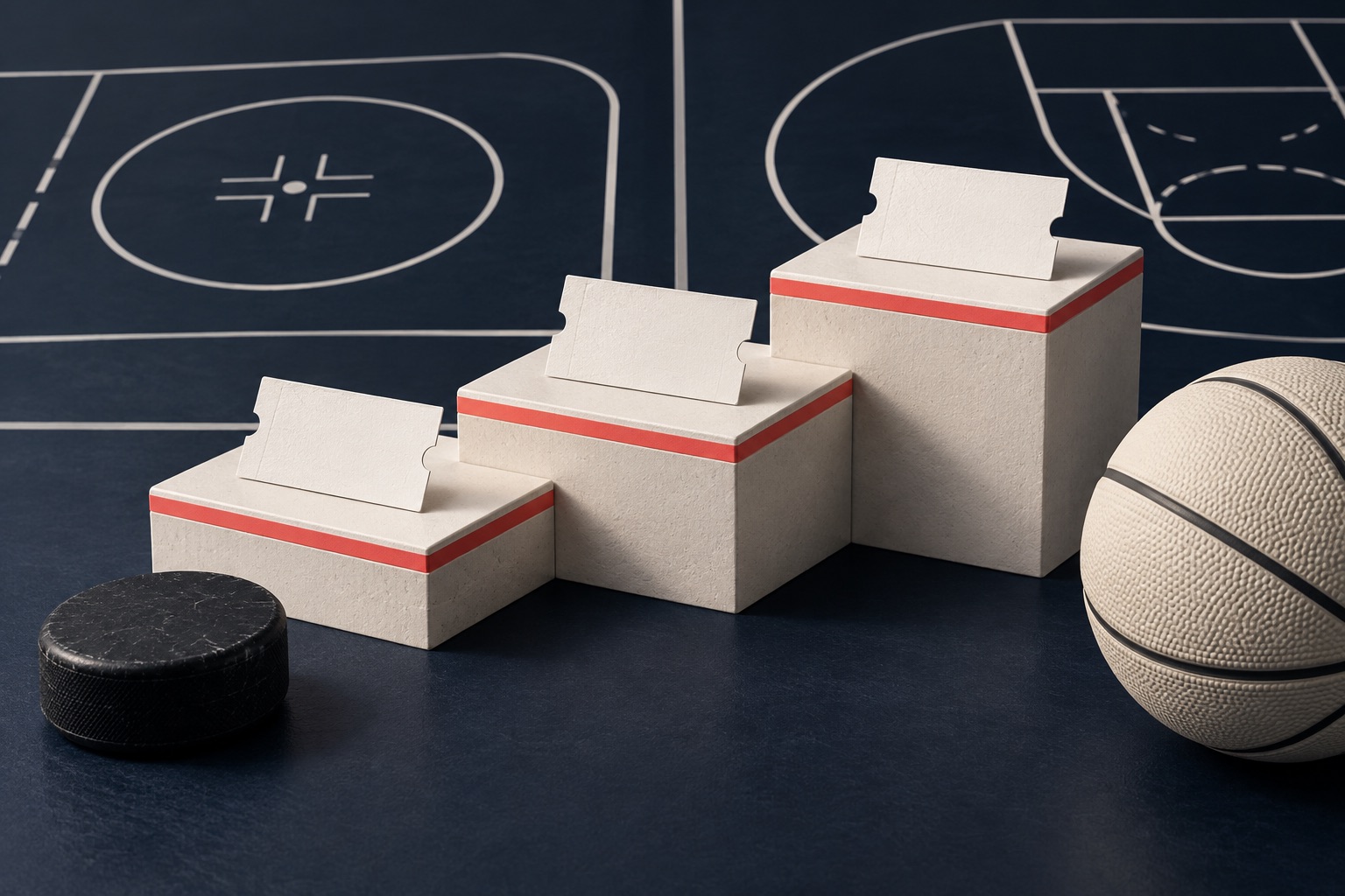 Blank pale tickets on three stepped platforms with coral edges, beside a black hockey puck and pale basketball in a deep ink miniature arena.
