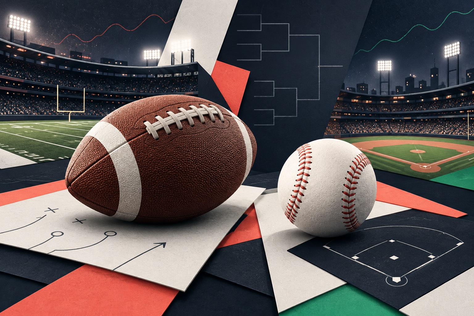 Coral and deep ink paper sculpture featuring a football, a baseball, and two stadiums under night lights.