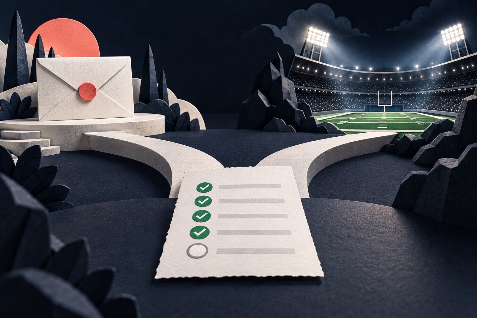 Paper sculpture of a parlay ticket with one leg left, with paths toward a cash envelope and a stadium.