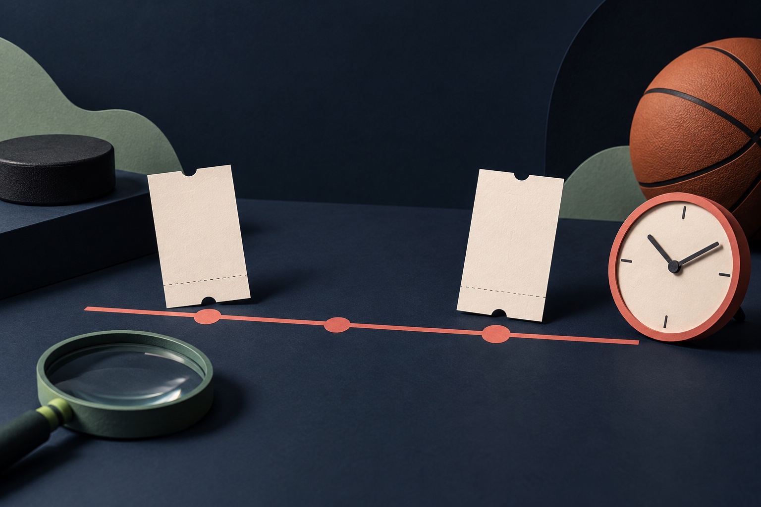 Two blank paper tickets on a coral timeline beside a clock, magnifying glass, hockey puck and basketball.