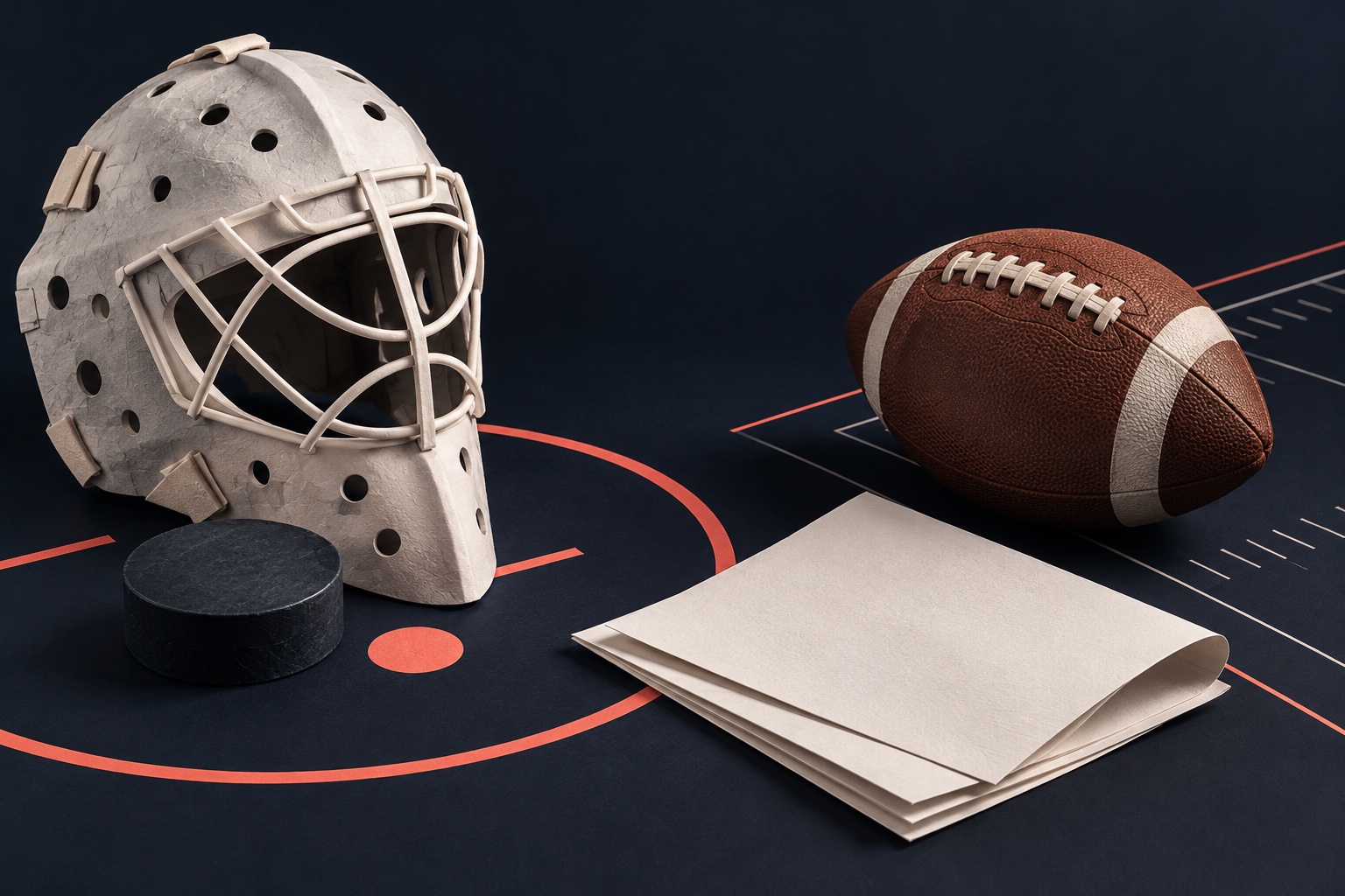 Pale sculptural goalie mask, hockey puck and brown football over blank scouting sheets with coral rink and field accents.