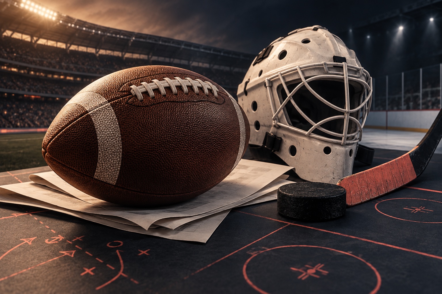 Football, pale goalie mask, black puck and coral stick blade over blank scouting sheets beneath an abstract stadium arch.