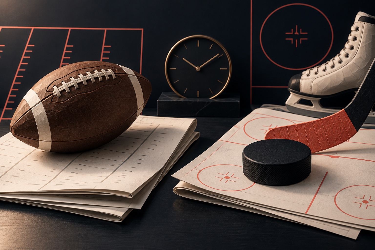 Football, hockey puck, pale ice skate and coral stick beside blank scouting sheets and an unnumbered clock on a deep ink desk.