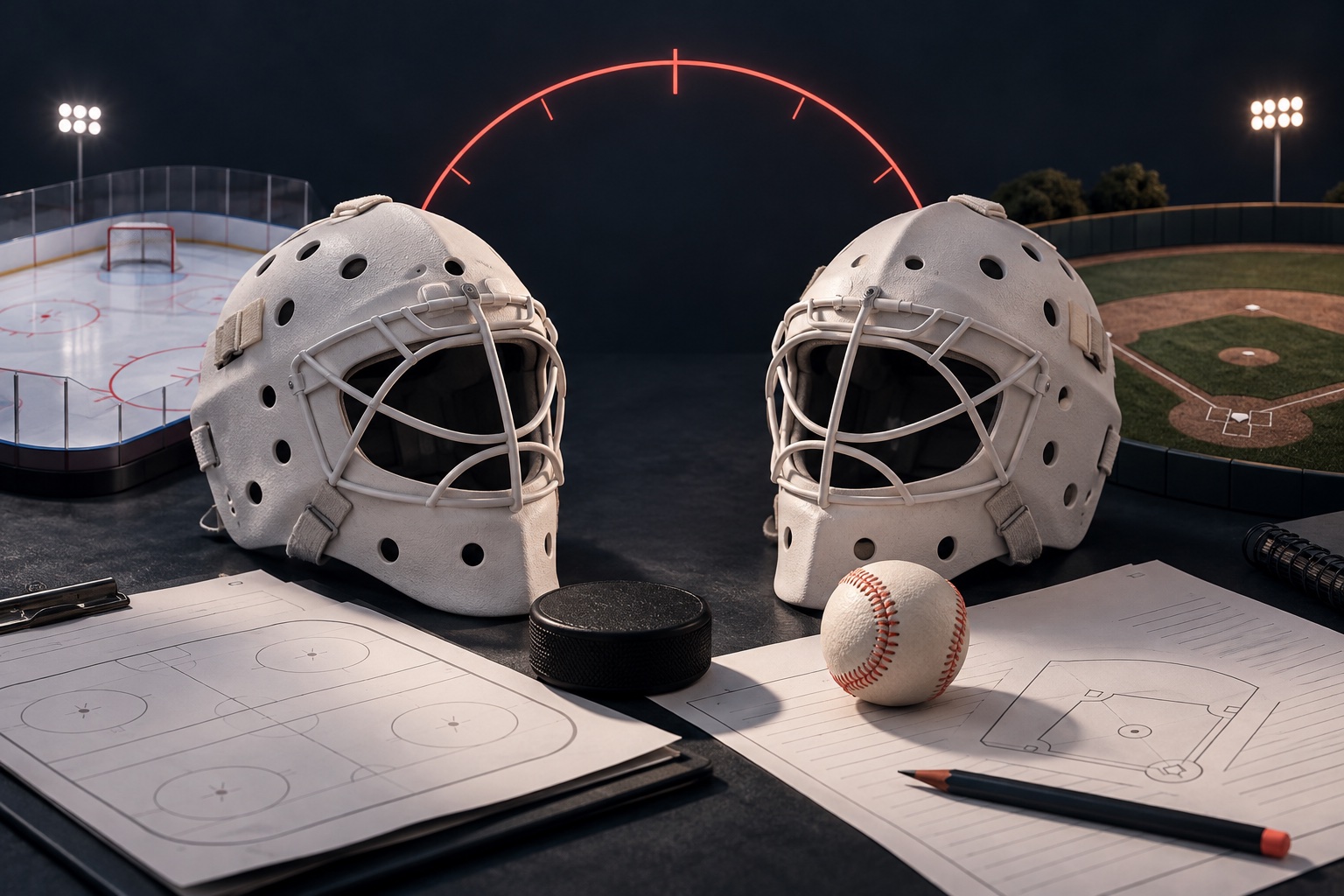 Two pale hockey goalie masks beside a black puck and baseball over scouting sheets, with a miniature rink and diamond behind them.