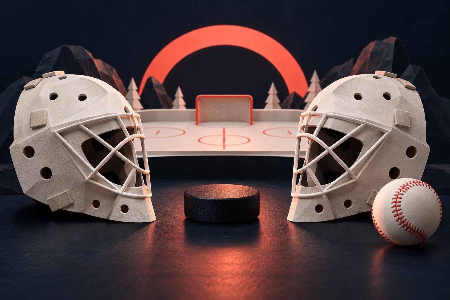 Two pale hockey goalie masks beside a black puck, baseball and miniature rink with a coral arch on a deep ink surface.