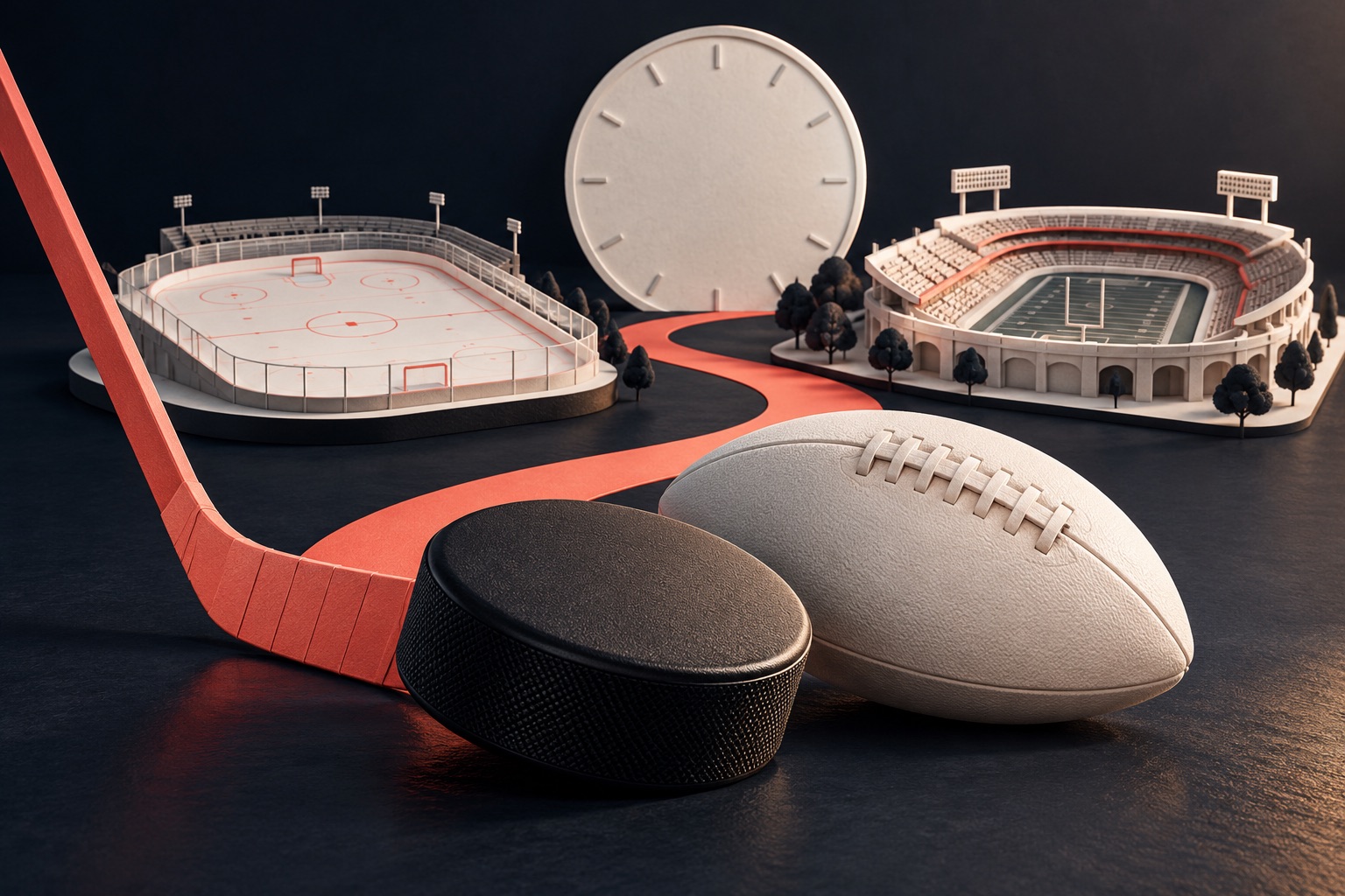 Black hockey puck and pale football beside a coral stick, miniature rink, football stadium and blank clock on a deep ink surface.