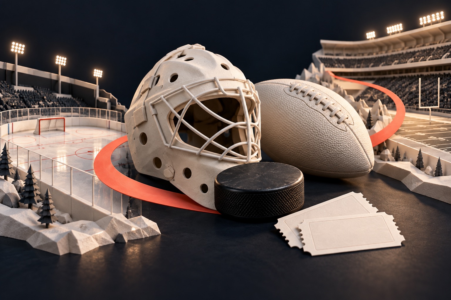 Pale hockey goalie mask and football beside a black puck, blank tickets, miniature rink and stadium linked by a coral path on a deep ink surface.