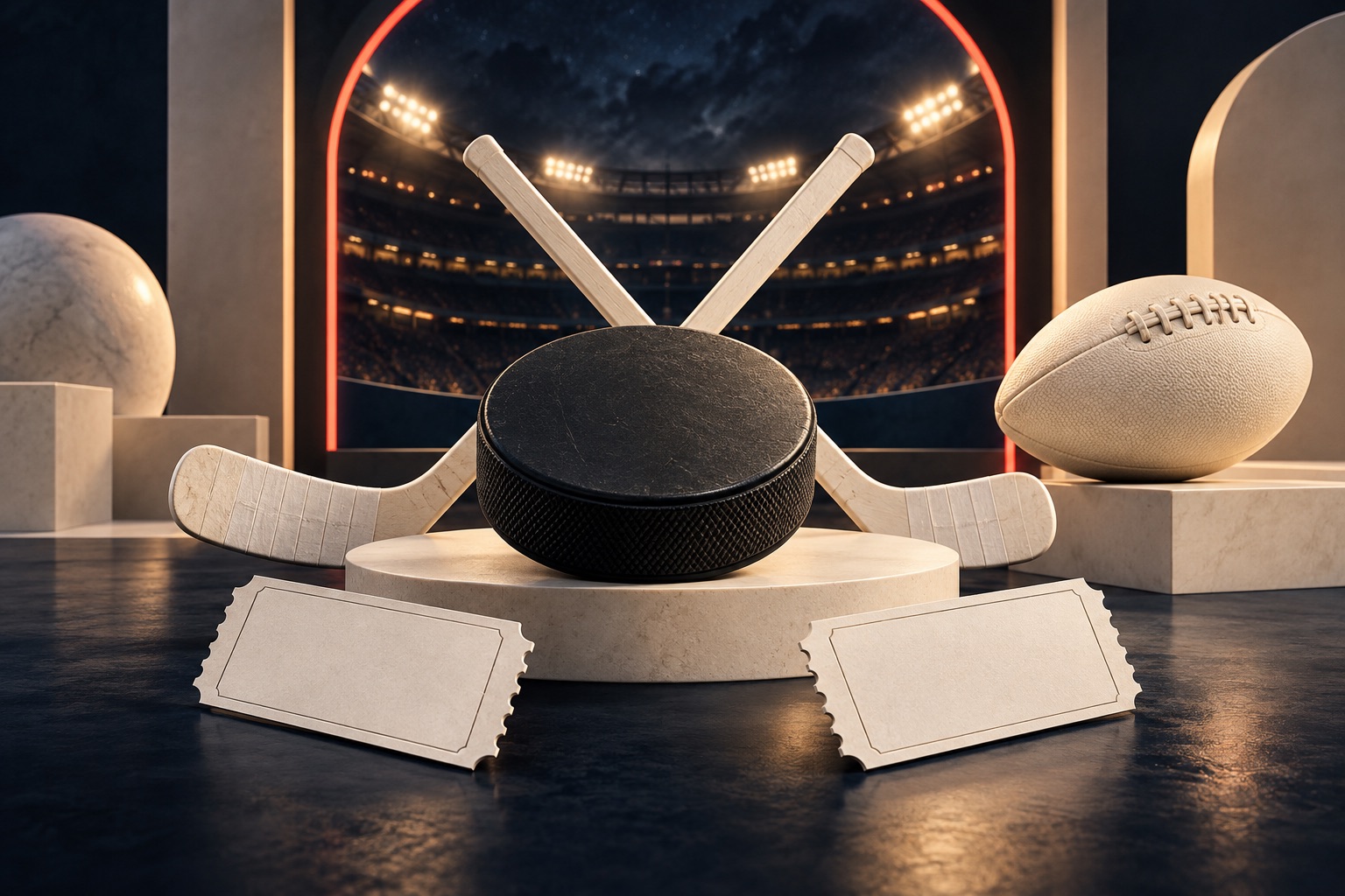 Black hockey puck and crossed pale hockey sticks beside an ivory football, blank tickets and miniature night arena framed by a coral arch.