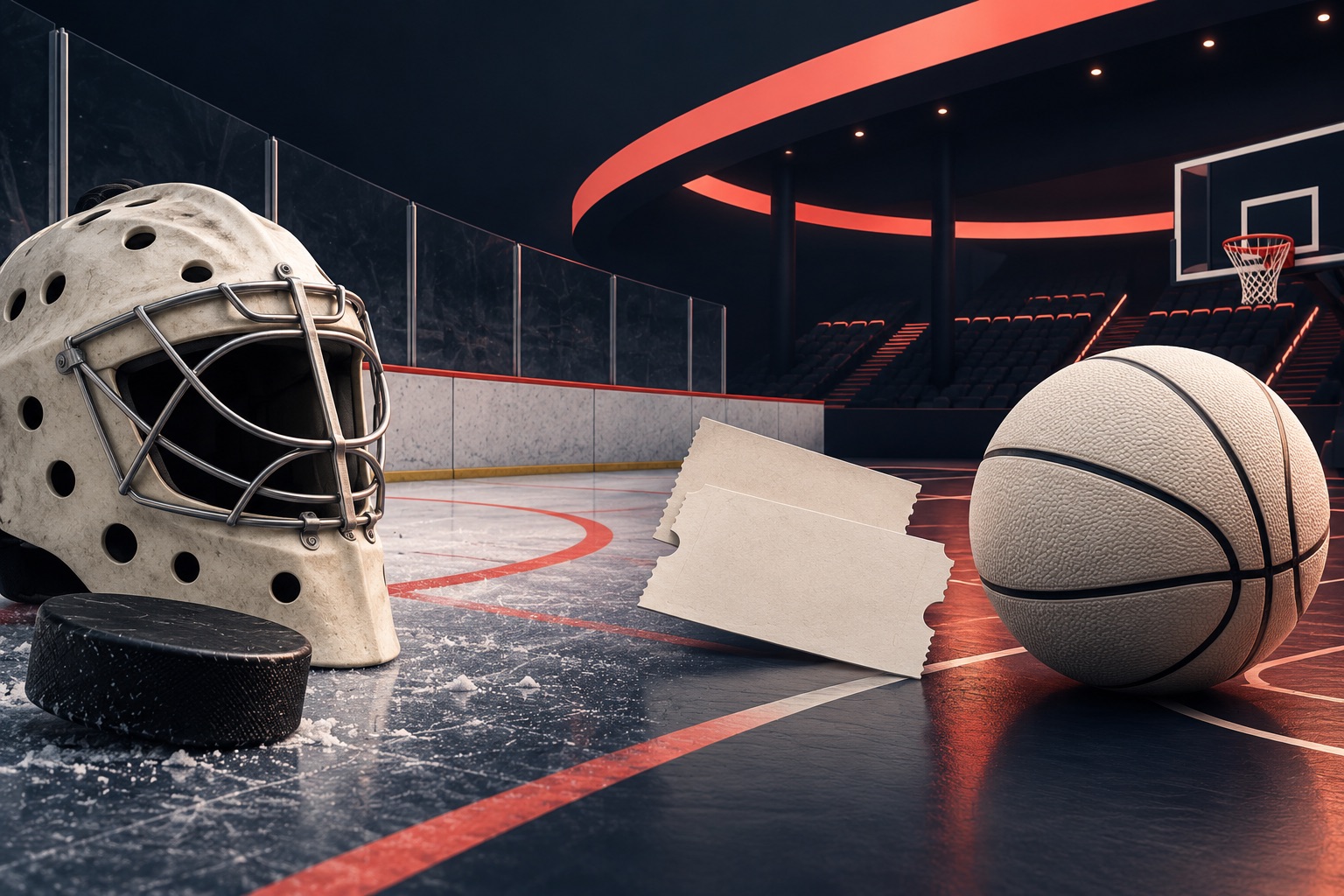 Pale goalie mask and basketball beside a black puck and blank tickets, with rink and court details under a coral arena arch.