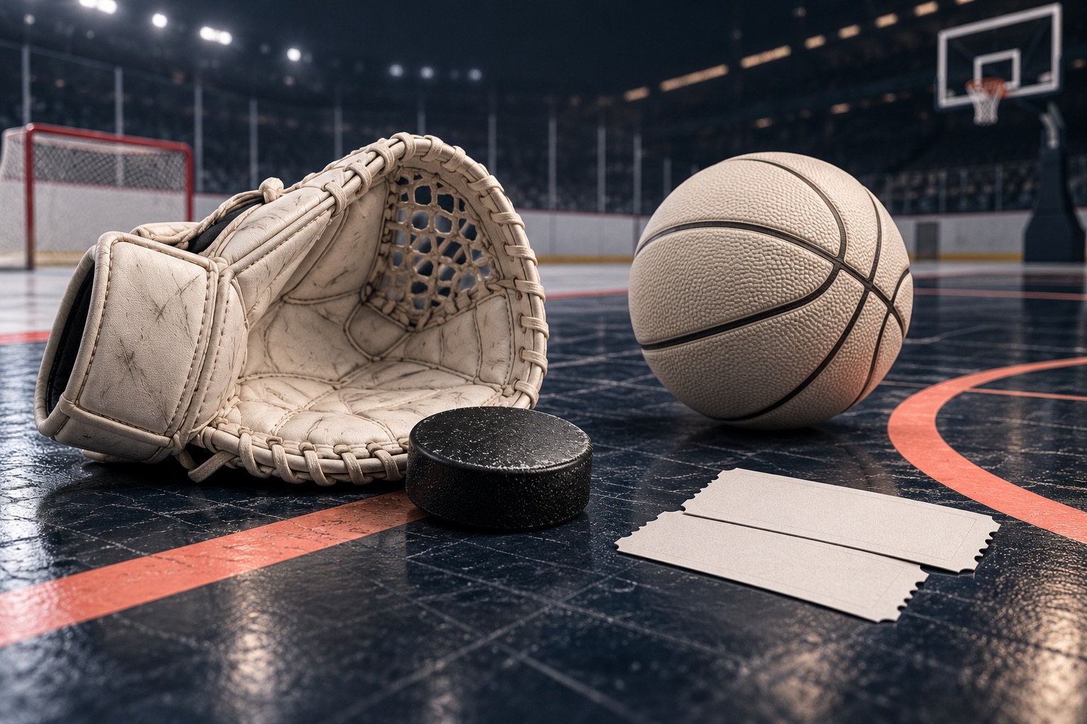Pale goalie glove beside a black puck, basketball and blank tickets on a deep ink arena floor with coral rink and court lines.