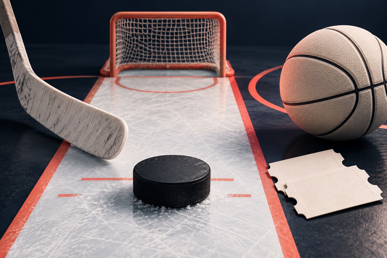Black hockey puck and pale stick on a miniature ice lane toward a coral goal, beside an ivory basketball and blank tickets.