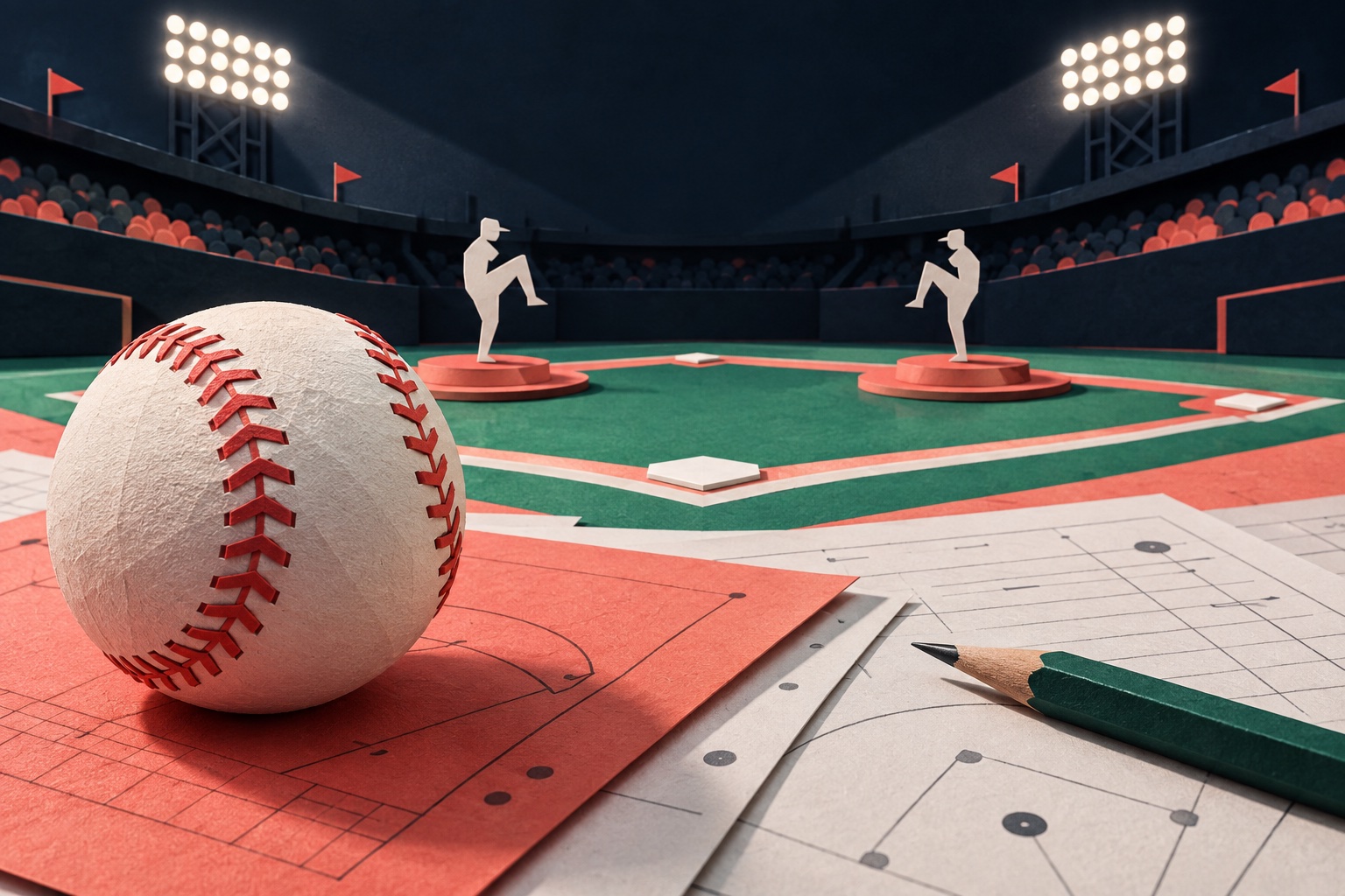Paper sculpture of a baseball and scouting sheets overlooking two pitcher mounds under stadium lights.