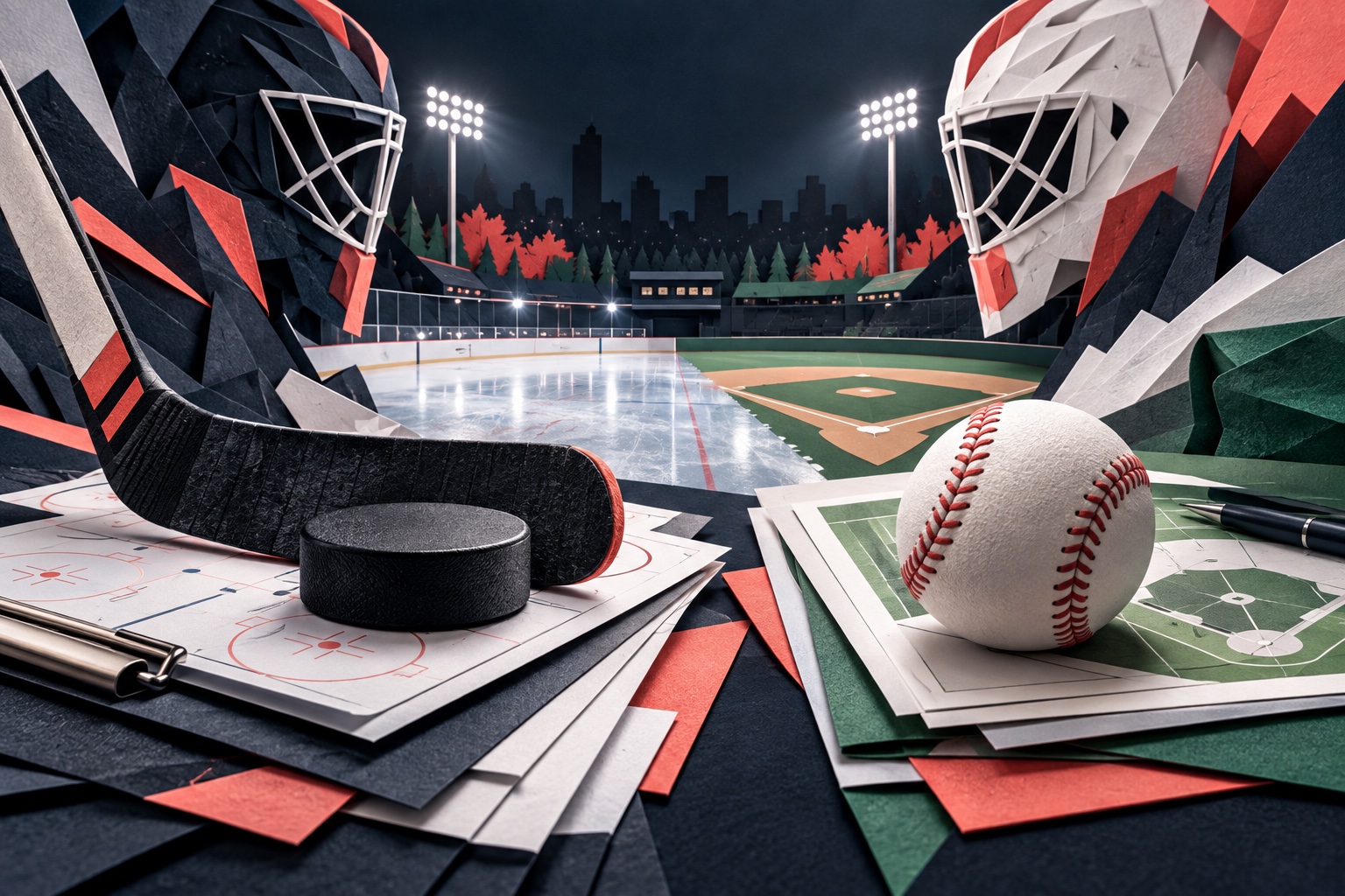 Paper sculpture of hockey gear and a baseball above scouting sheets, a rink and a diamond.