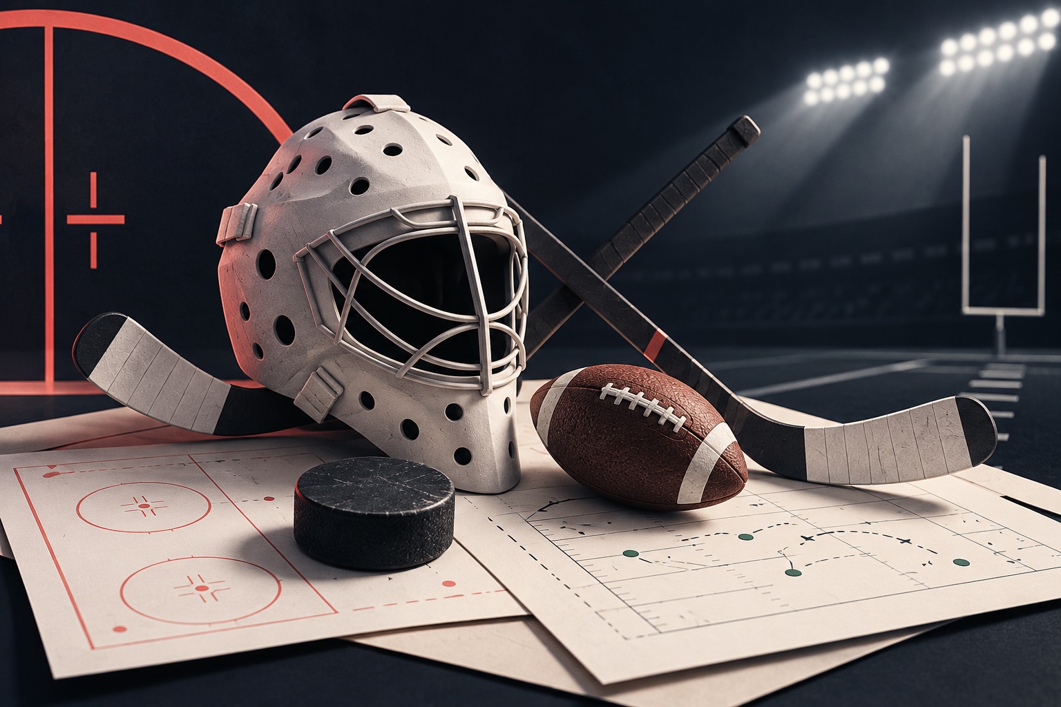 Sculptural goalie mask, hockey puck, crossed sticks and football over blank scouting sheets with coral rink accents.