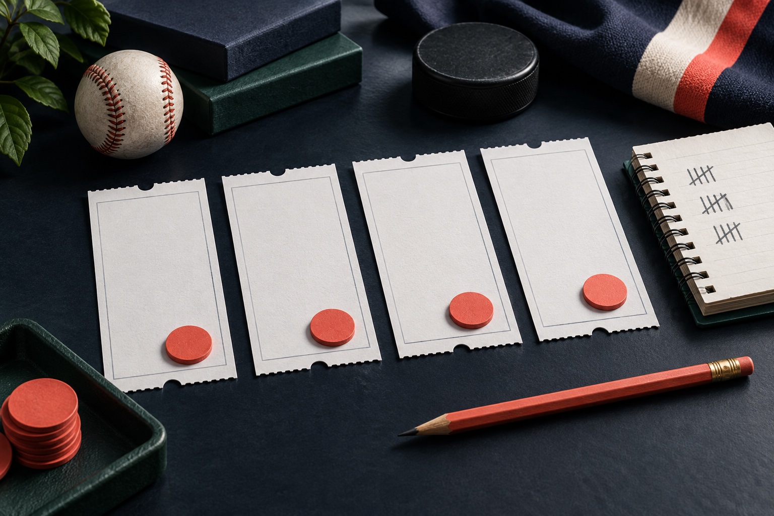 Paper sculpture of four blank tickets, tally notebook, pencil, baseball and hockey puck.