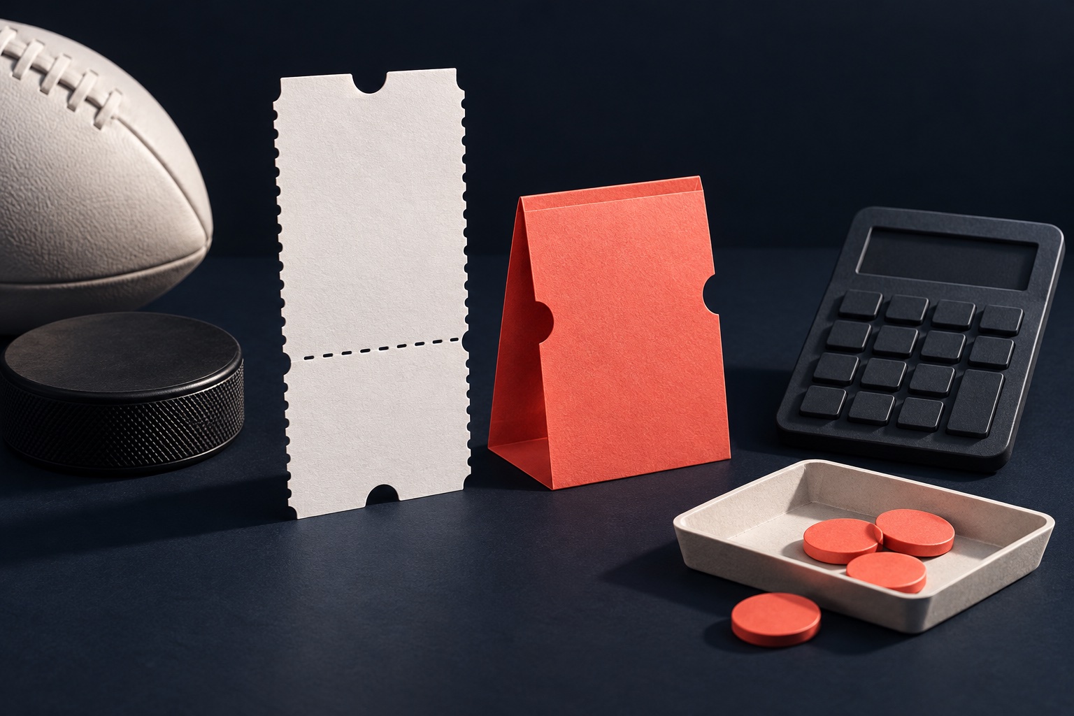 Blank pale and coral paper tickets beside a slate calculator, black puck and football on a deep ink surface.