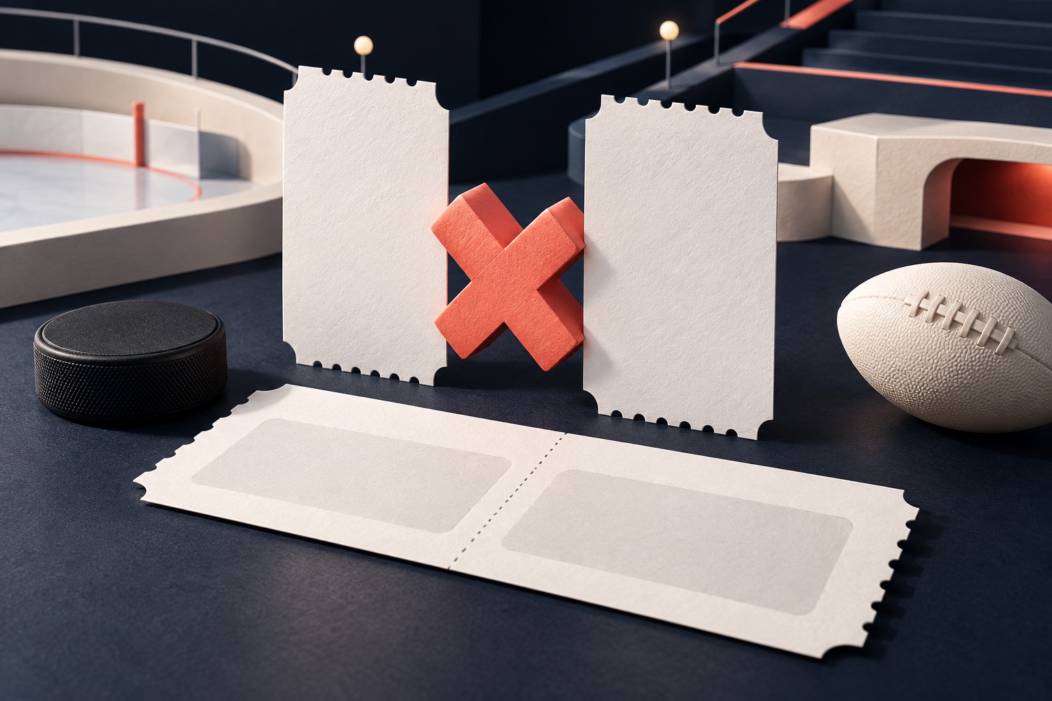 Two pale blank tickets joined by a coral multiplication symbol beside a flat receipt, hockey puck and football on a deep ink surface.