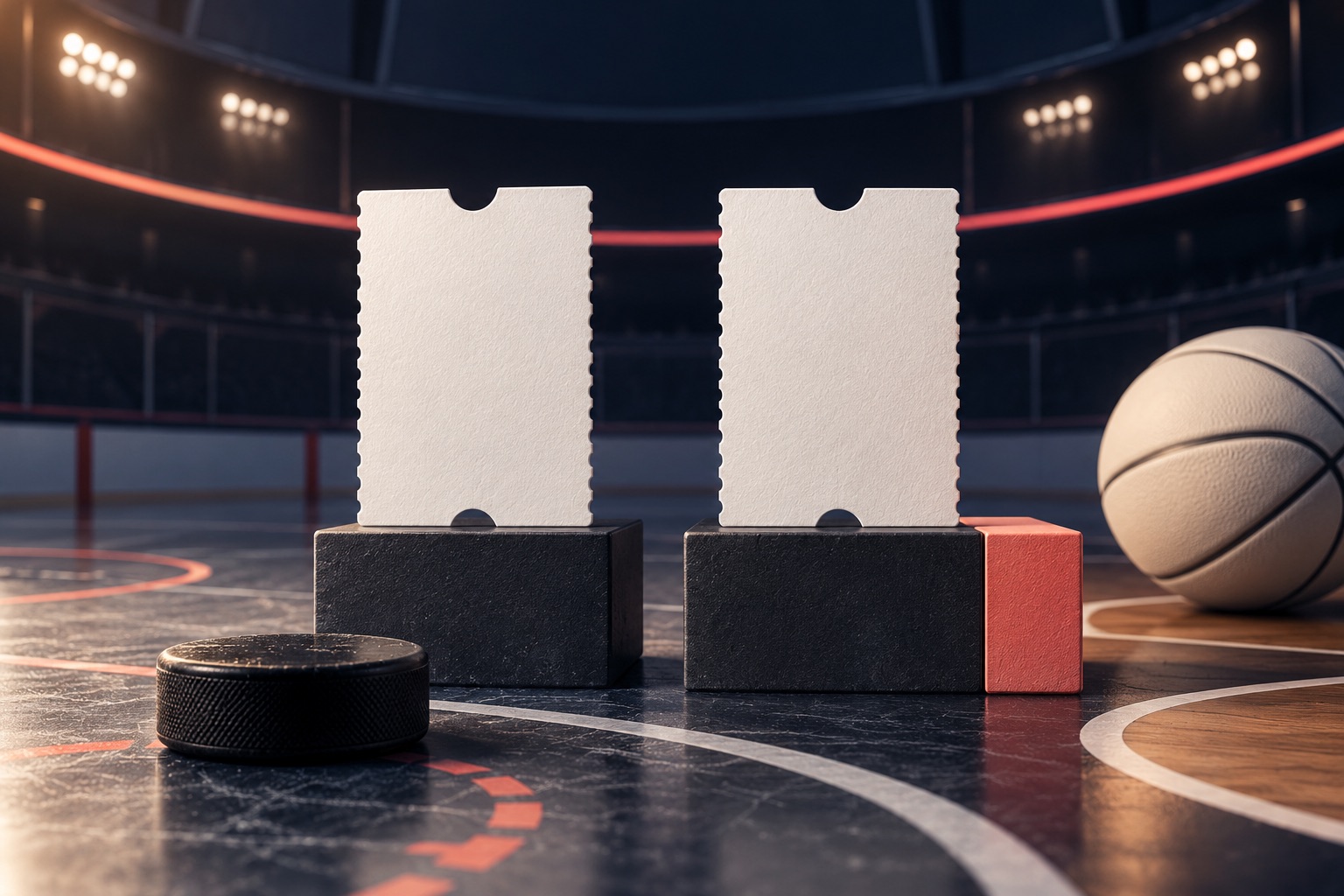 Two pale blank tickets on low platforms with a small coral addition, beside a black hockey puck and pale basketball in a miniature arena.