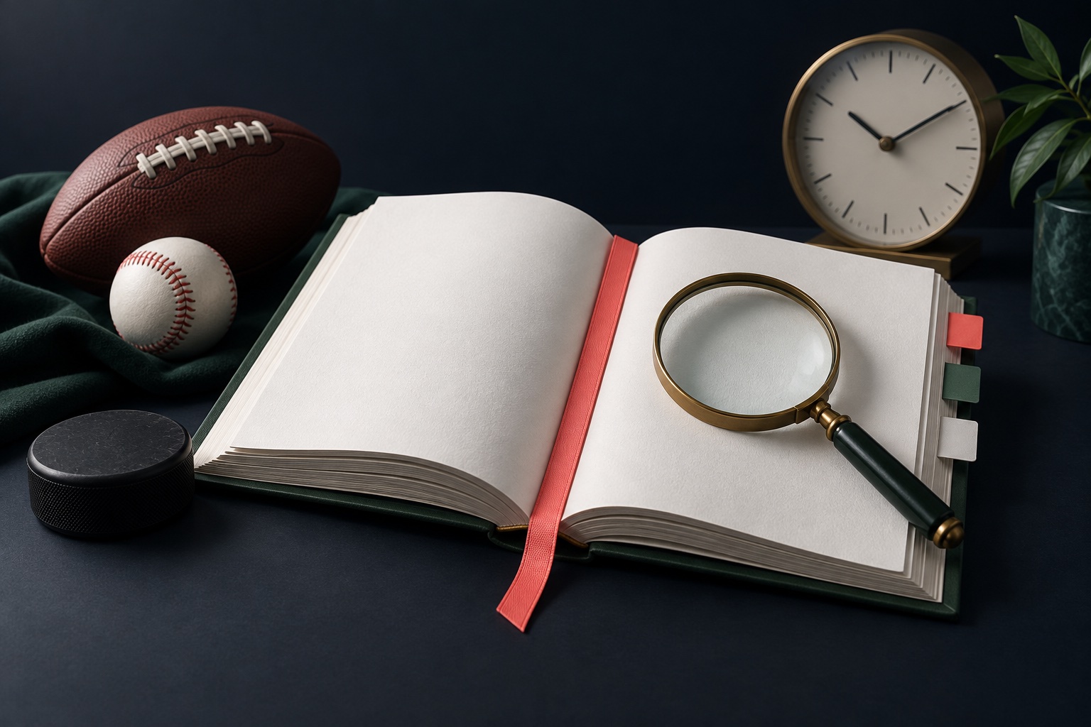 Open blank rulebook with coral bookmark and a magnifying glass beside a hockey puck, football, baseball and clock.