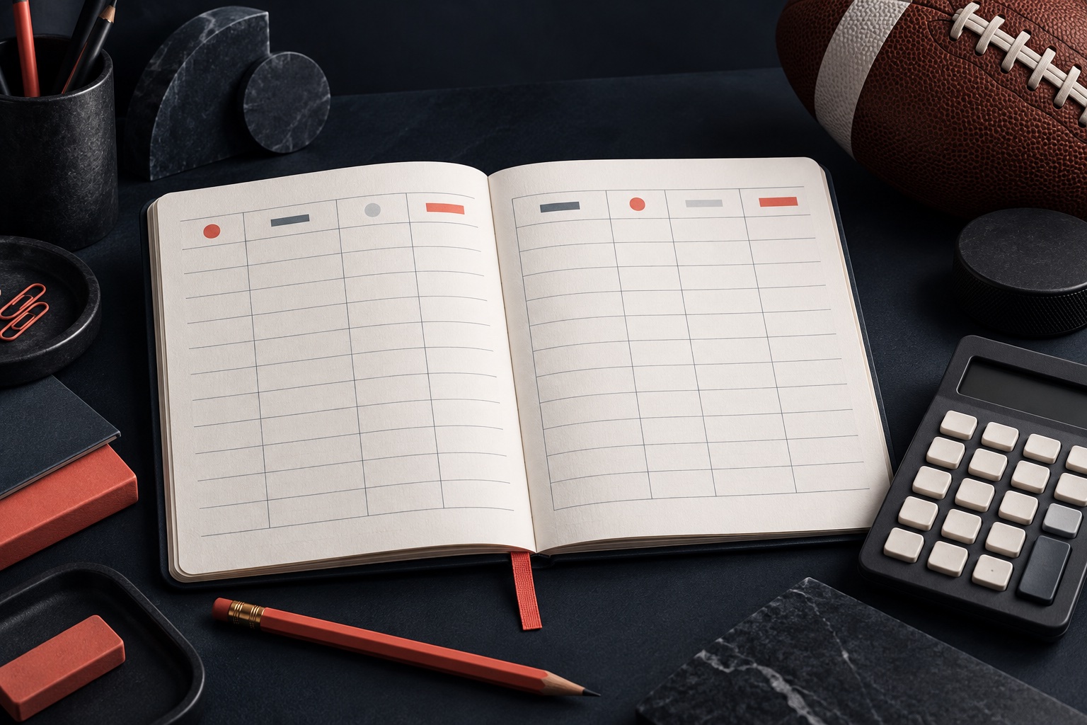 Pale ledger notebook with abstract marks, pencil and blank-key calculator beside a football and hockey puck on an ink desk.