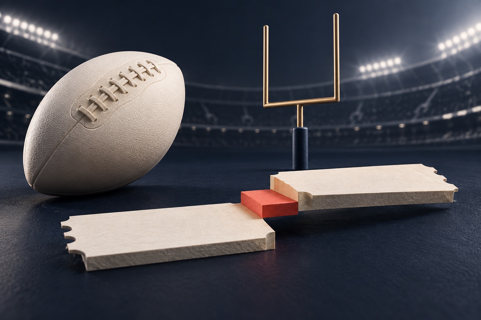 Pale sculpted football beside a field-goal upright and blank tickets connected by a small coral step on a deep ink surface.
