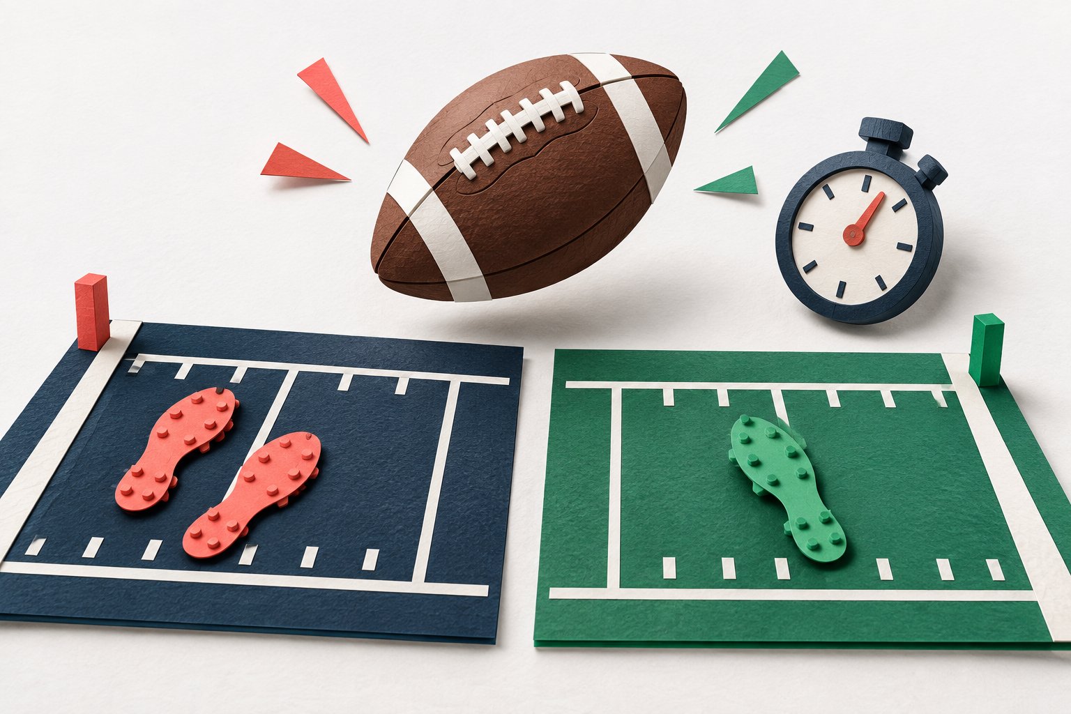 Paper sculpture of a football and stopwatch above two fields, with two coral cleat prints on one and a single green print on the other.