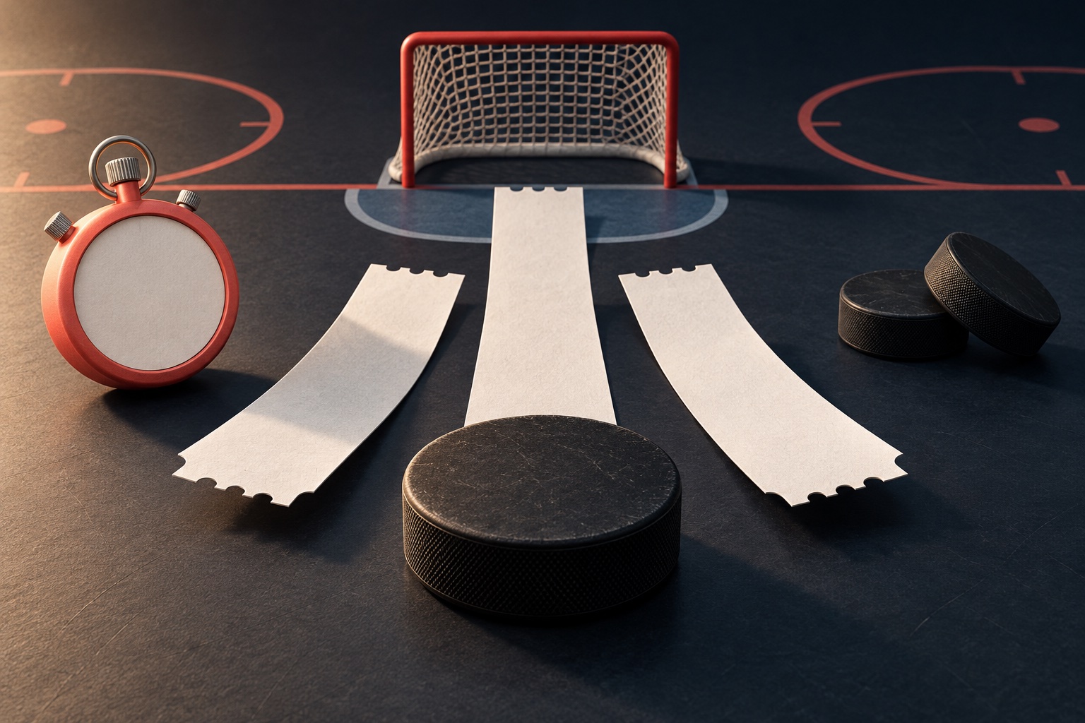 Black hockey puck beside three branching pale paper tickets, a coral stopwatch and miniature goal on a deep ink surface.