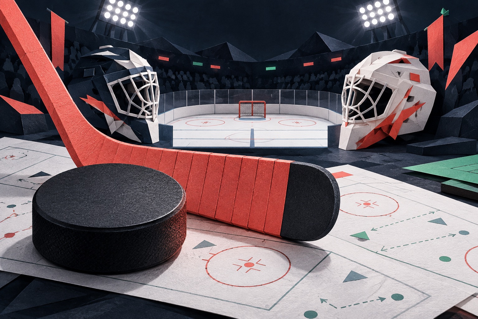 Paper sculpture of a hockey puck, coral stick, goalie masks, and scouting sheets beside a floodlit ice rink.