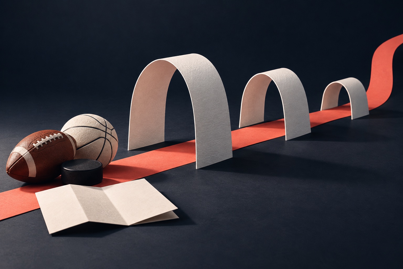 Three pale paper arches narrowing along a coral path beside a football, hockey puck and basketball on a deep ink surface.