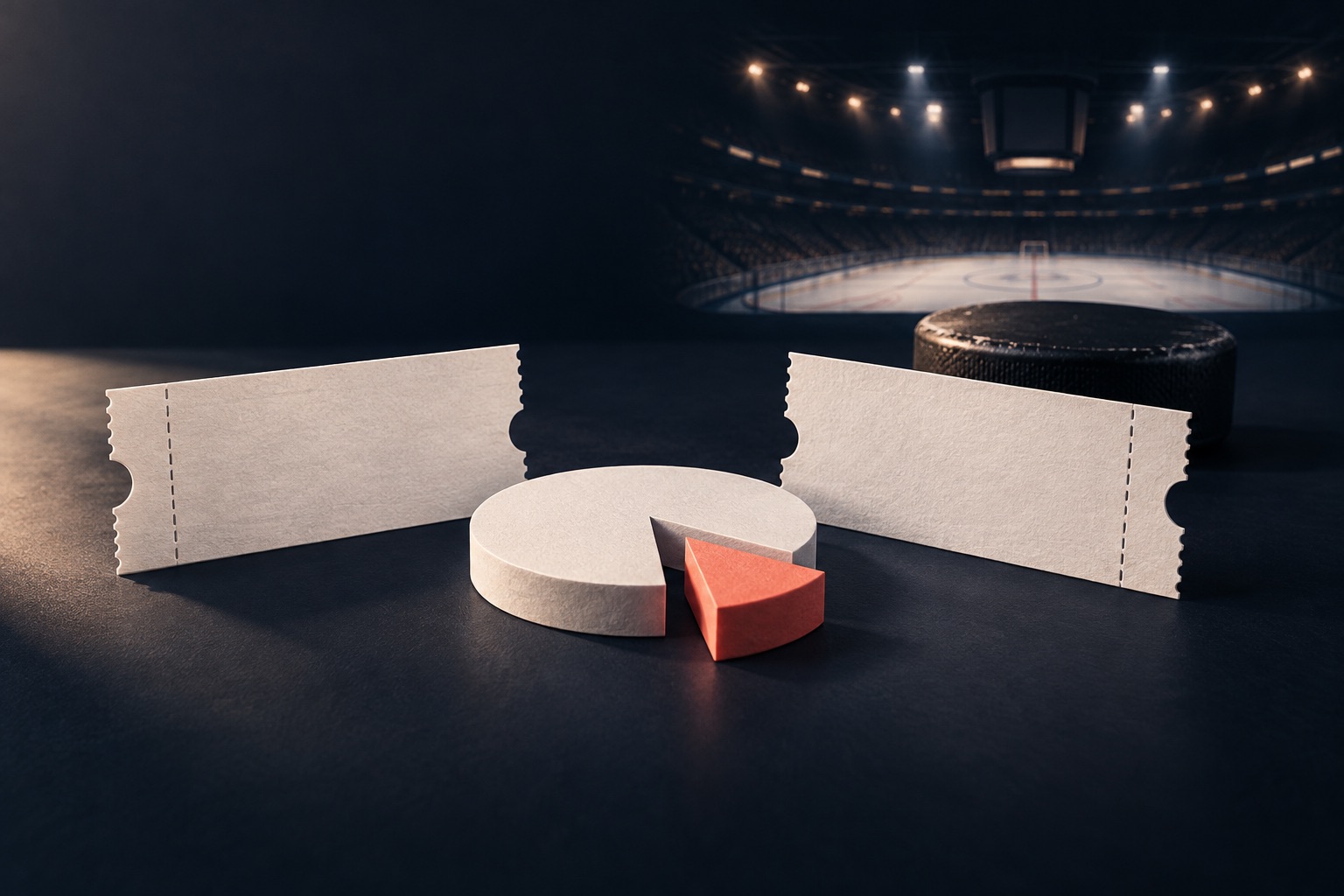 Two pale paper tickets beside a coral slice cut from a circular disc, a hockey puck and miniature arena on a deep ink surface.
