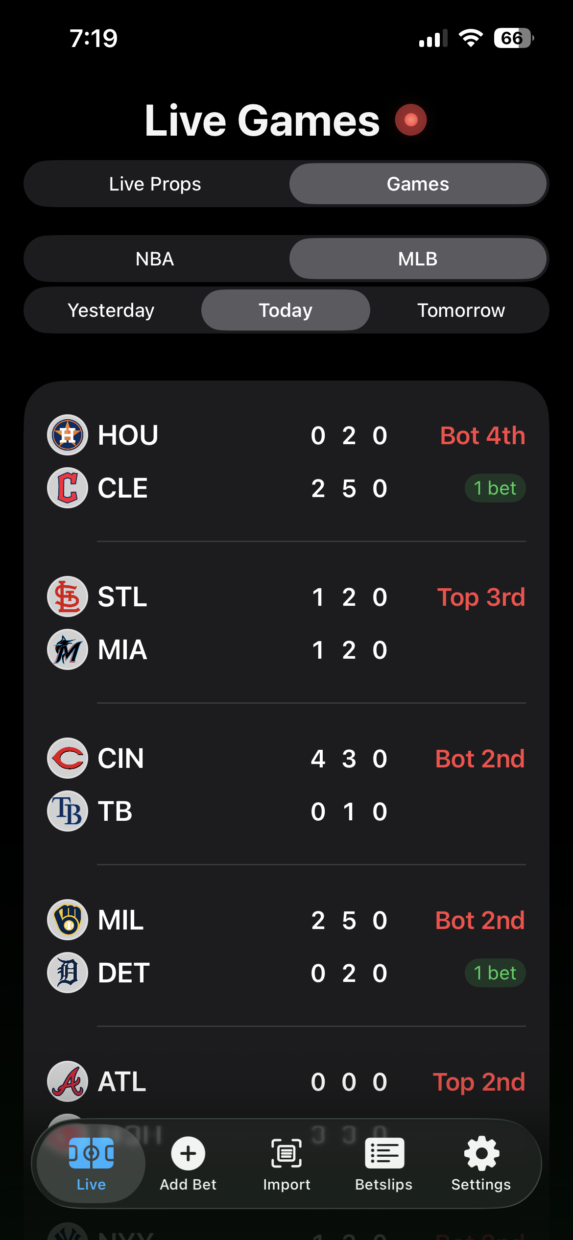 Live Games screen in dark mode