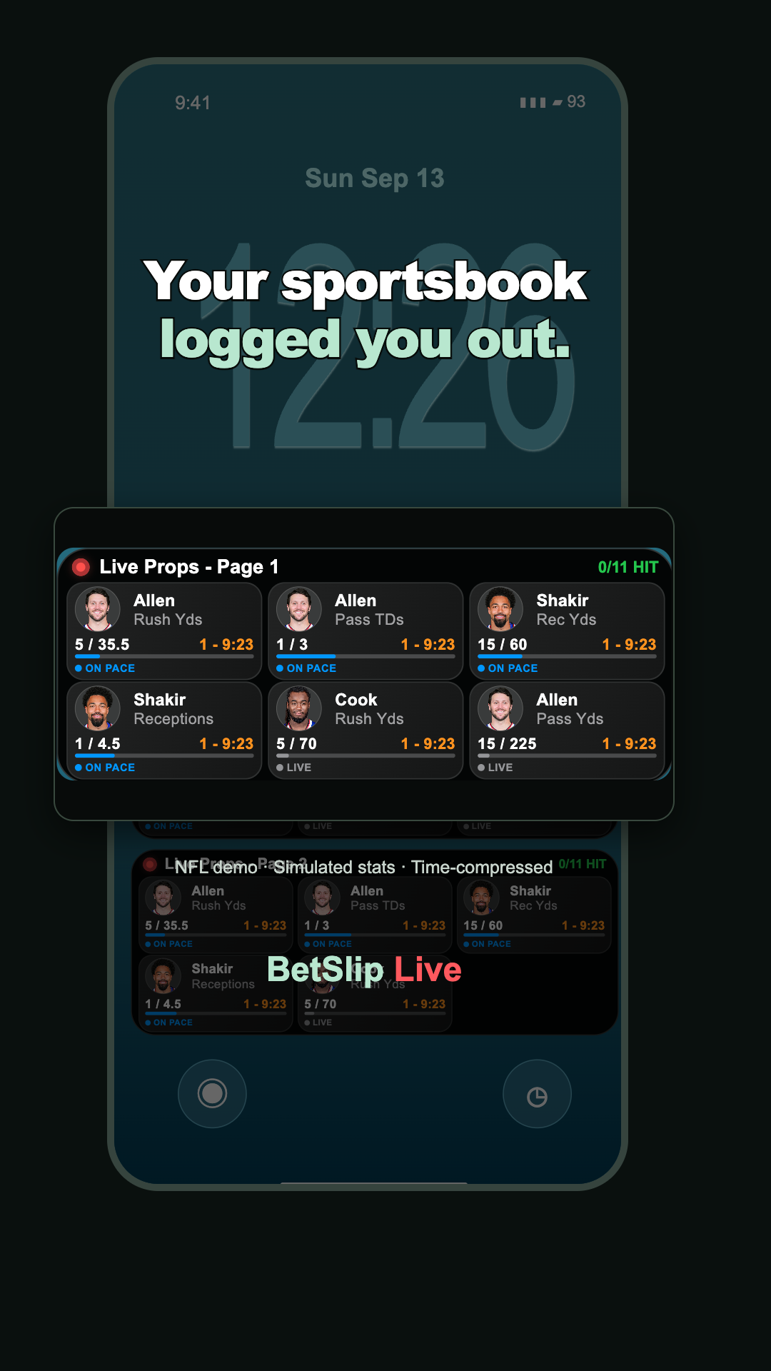 Six-box Live Props showcase featuring Josh Allen, Khalil Shakir and James Cook. Illustrative rushing, passing and receiving stats.
